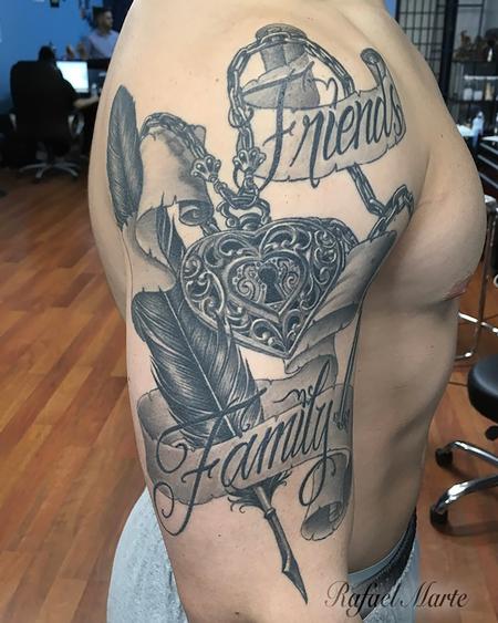 Tattoos - Black and Grey Feather, locket, and banner with Friends Family  - 141815